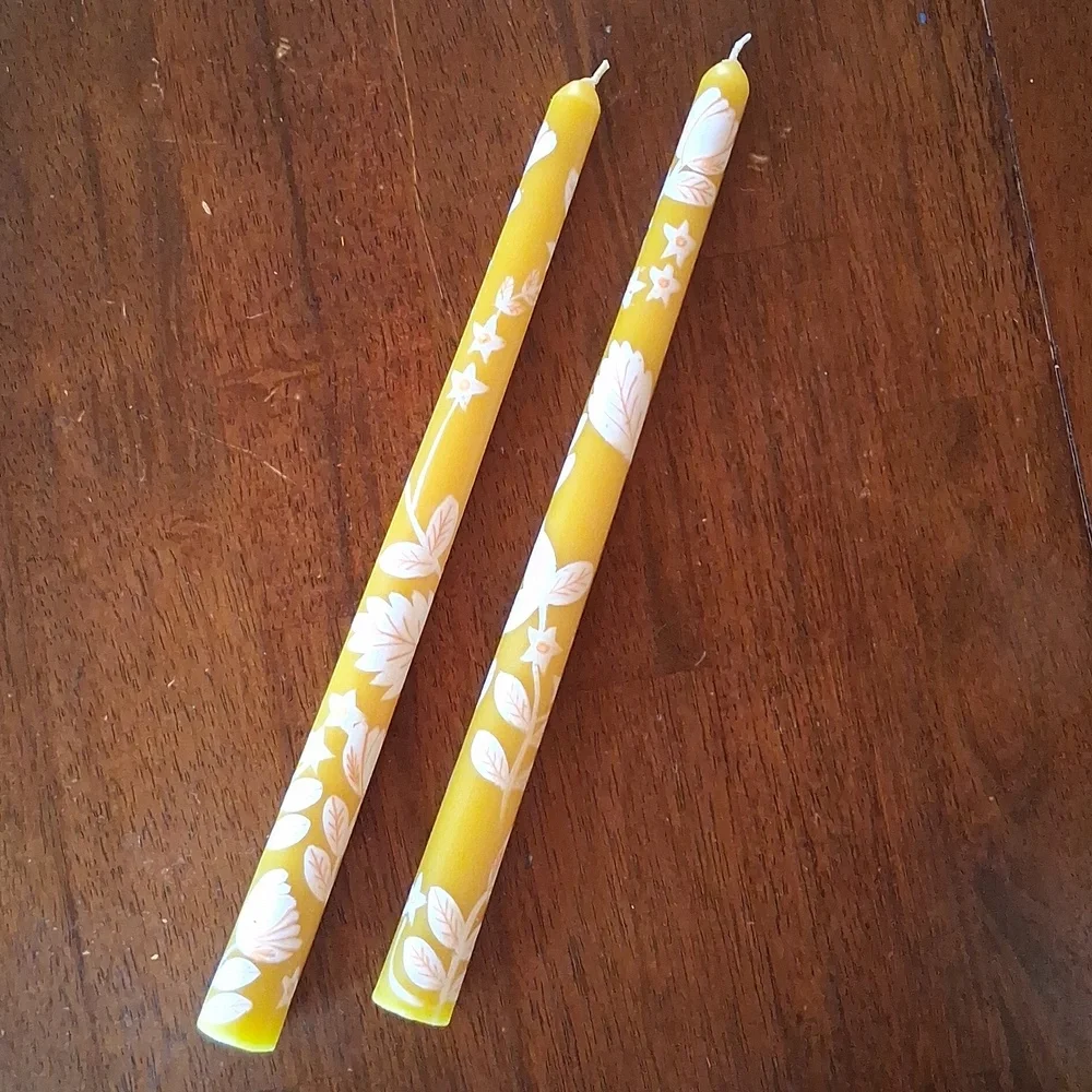 Anthropologie Hand-Painted Taper Candles  White Floral Set Of Two